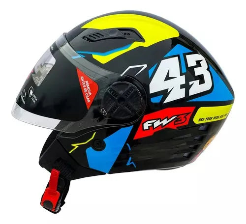Capacete FW3 X Open Up 43 Preto Azul Amarelo Aberto C/Viseira Solar