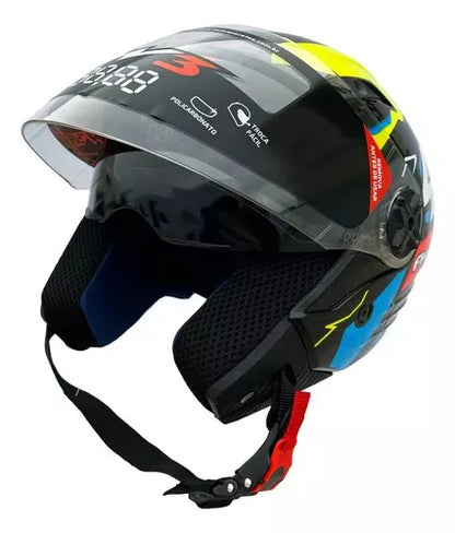 Capacete FW3 X Open Up 43 Preto Azul Amarelo Aberto C/Viseira Solar