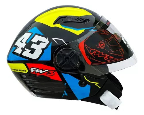 Capacete FW3 X Open Up 43 Preto Azul Amarelo Aberto C/Viseira Solar